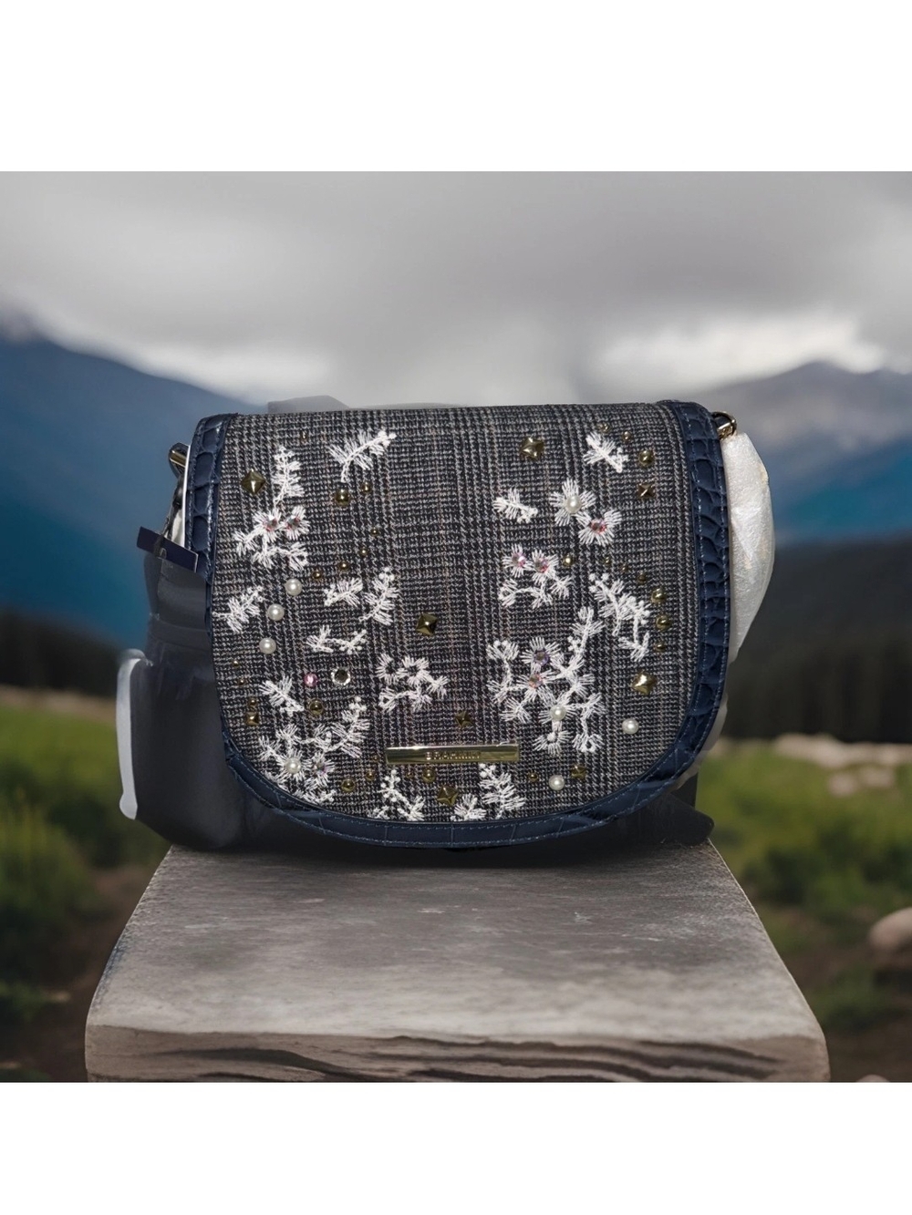 Brahmin Navy Leather Floral Embroidered Crossbody